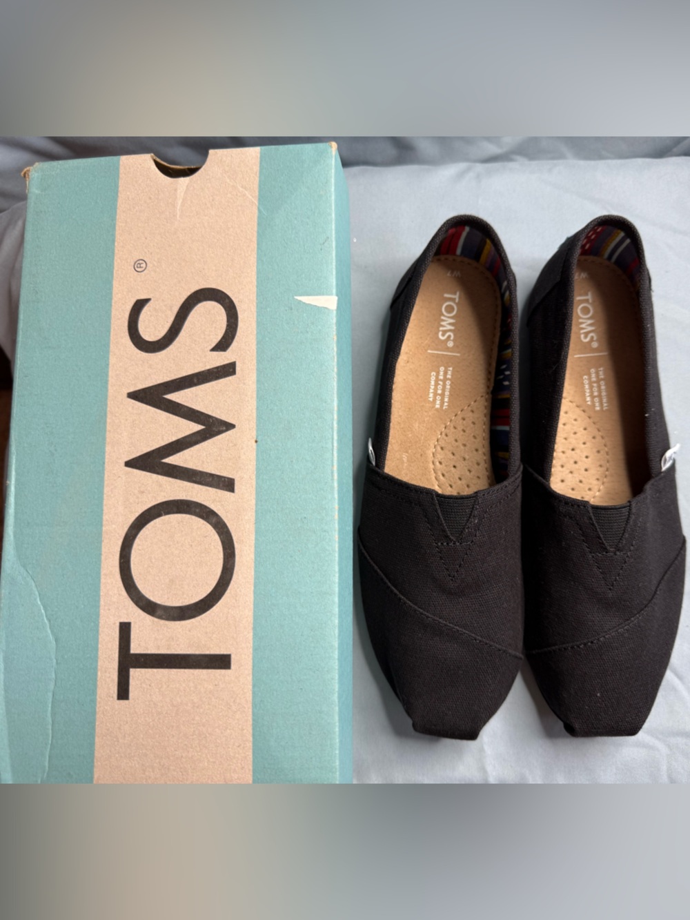Toms Black Canvas Slip-On Shoes with Tan Insole